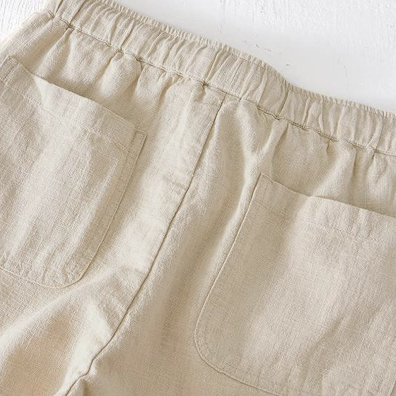 Buddha Stones Sommer-Shorts für Herren aus Ramie-Leinen-Baumwolle, einfarbig, mit Kordelzug und elastischem Bund, mit Taschen - image 2