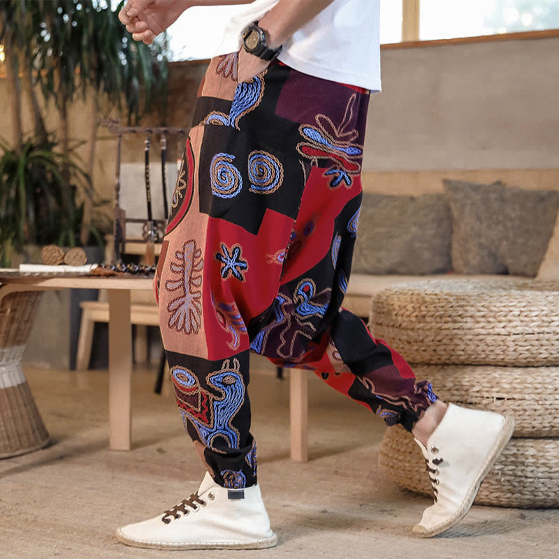 Herren-Haremshose mit Taschen , Buddha Stones -Gitterblumenmuster - Rot - US/UK/AU42, EU52 (3XL) - image 0