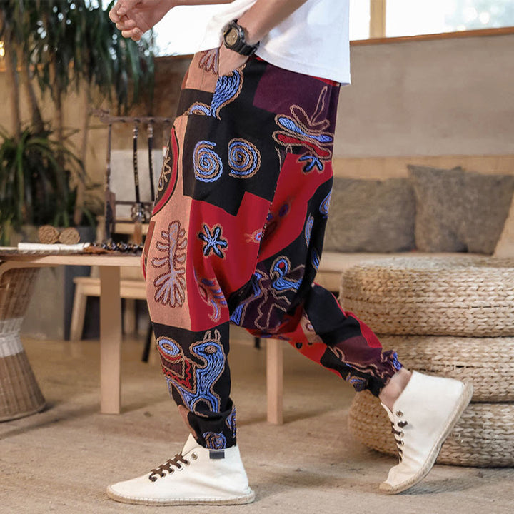 Herren-Haremshose mit Taschen , Buddha Stones -Gitterblumenmuster - Rot - US/UK/AU42, EU52 (3XL) - image 0