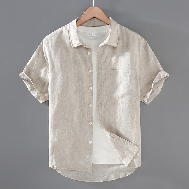 Buddha Stones Lässiges, sommerliches Kurzarmhemd aus einfarbigem Leinen mit Knopfleiste und aufgesetzter Tasche für Herren. - Beige - US/ UK/AU42, EU52 (3XL) - image 0
