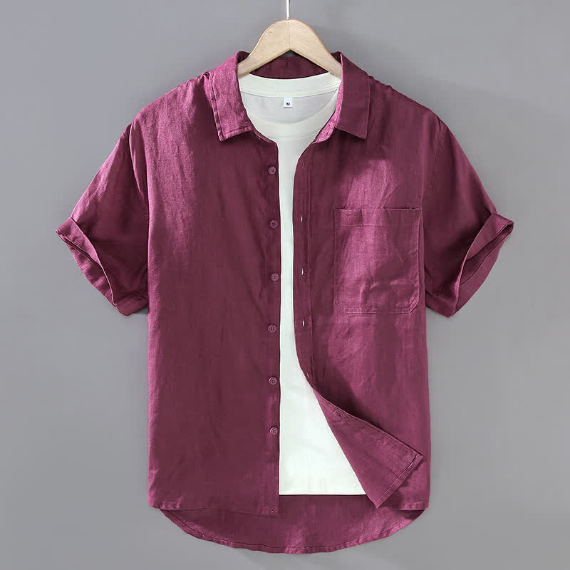 Buddha Stones Lässiges, sommerliches Kurzarmhemd aus einfarbigem Leinen mit Knopfleiste und aufgesetzter Tasche für Herren. - Blassviolettrot - US/ UK/AU42, EU52 (3XL) - image 11