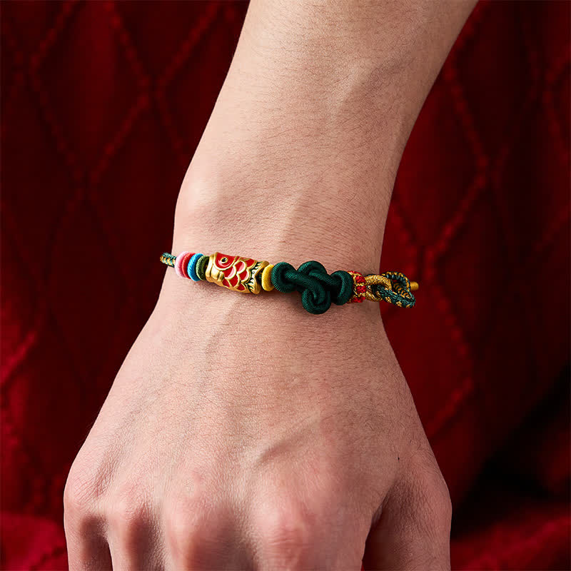 Buddha Stones Handgewebtes Armband aus dunkelgrün-gelbem Garn mit rotem Koi-Fisch-Schutzmotiv - image 4