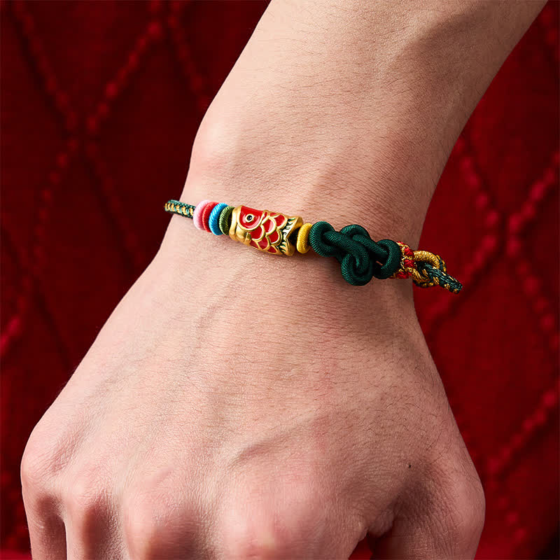 Buddha Stones Handgewebtes Armband aus dunkelgrün-gelbem Garn mit rotem Koi-Fisch-Schutzmotiv - image 5