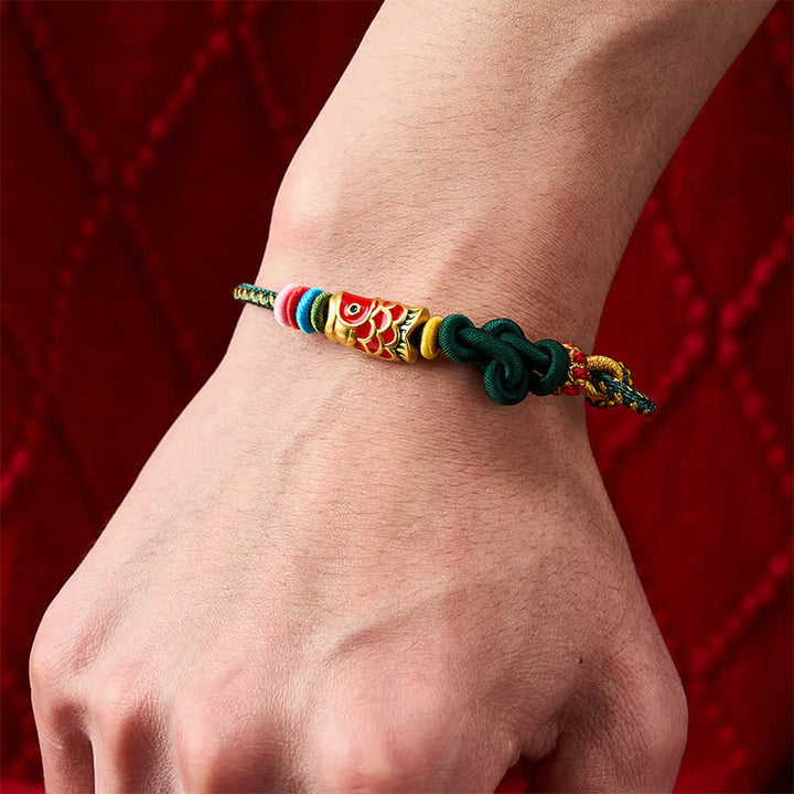 Buddha Stones Handgewebtes Armband aus dunkelgrün-gelbem Garn mit rotem Koi-Fisch-Schutzmotiv - image 5