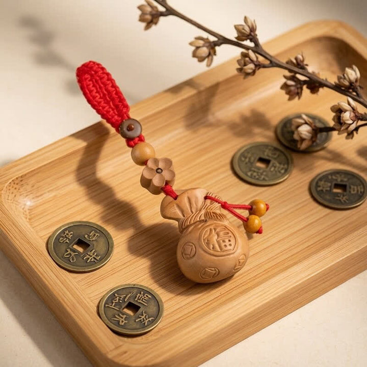Buddha Stones Pfirsichholz-Fu-Charakter Lotus-Glücksbeutel-Schlüsselanhänger - Pflaumenblütenperlen, rotes Seil - image 11