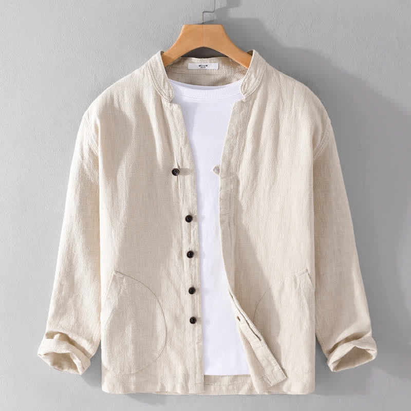 Buddha Stones Lässiges Herrenhemd mit Stehkragen und Tasche aus einfarbigem Ramie, ideal für den Frühling. - Khaki - US/ UK/AU42, EU52 (3XL) - image 0