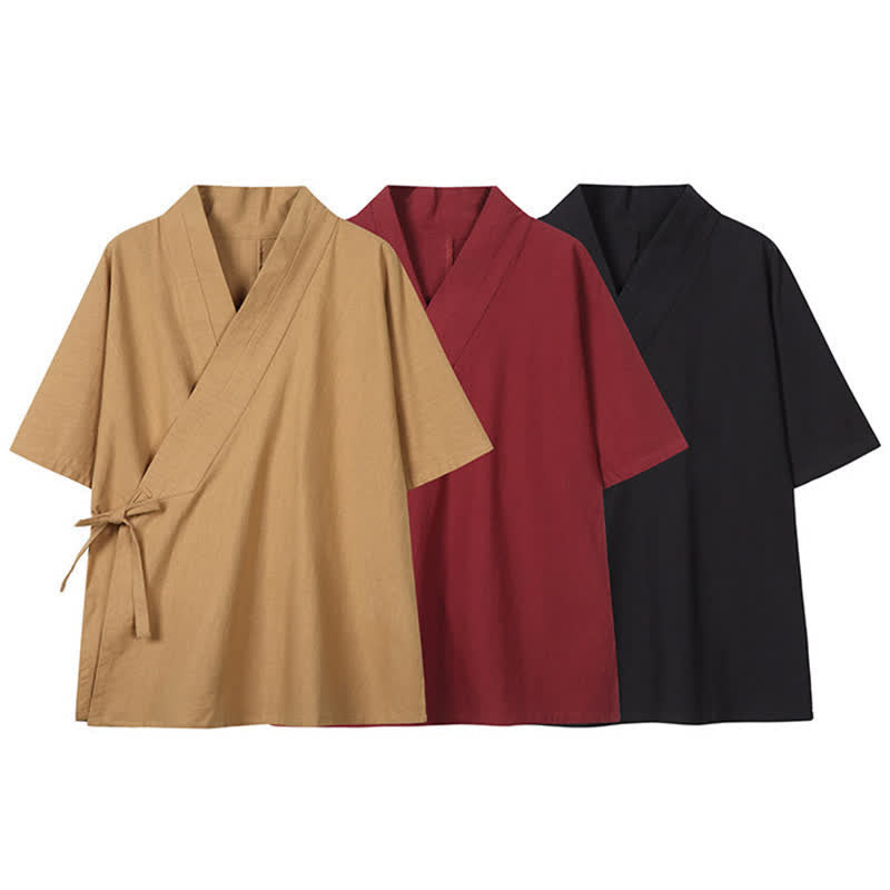 Buddha Stones Minimalistischer Kimono für Herren aus Baumwoll-Leinen-Mischgewebe mit Kordelzug für Frühling und Sommer - image 14