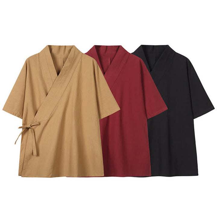 Buddha Stones Minimalistischer Kimono für Herren aus Baumwoll-Leinen-Mischgewebe mit Kordelzug für Frühling und Sommer - image 14