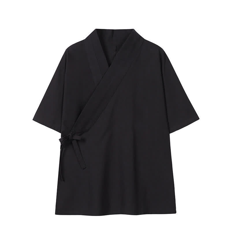 Buddha Stones Minimalistischer Kimono für Herren aus Baumwoll-Leinen-Mischgewebe mit Kordelzug für Frühling und Sommer - Schwarz - US/ UK/AU46, EU56 (5XL) - image 10
