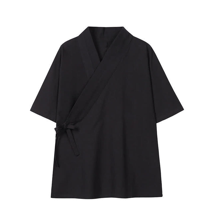 Buddha Stones Minimalistischer Kimono für Herren aus Baumwoll-Leinen-Mischgewebe mit Kordelzug für Frühling und Sommer - Schwarz - US/ UK/AU46, EU56 (5XL) - image 10