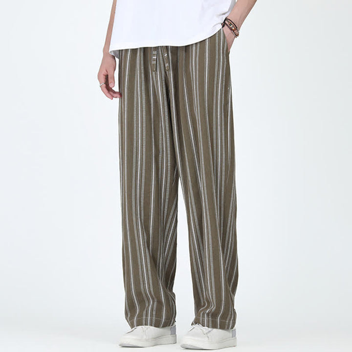 Buddha Stones Lässige Vintage-Herrenhose mit Kordelzug, vertikalen Streifen und geradem Bein, Tasche – ideal für Frühling und Sommer. - Dunkelolivgrün - US/ UK/AU46, EU56 (5XL) - image 0