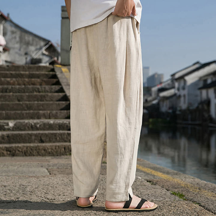 Buddha Stones Lässige, minimalistische Haremshose aus einfarbigem Ramie mit Kordelzug für Frühling und Sommer mit Tasche - image 3