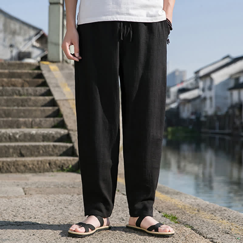 Buddha Stones Lässige, minimalistische Haremshose aus einfarbigem Ramie mit Kordelzug für Frühling und Sommer mit Tasche - image 9