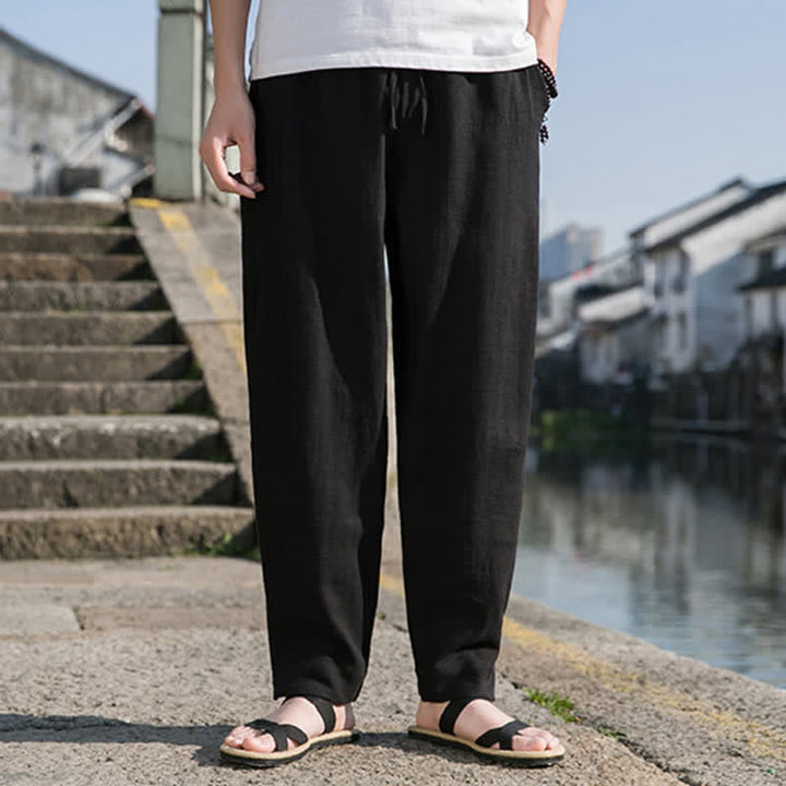 Buddha Stones Lässige, minimalistische Haremshose aus einfarbigem Ramie mit Kordelzug für Frühling und Sommer mit Tasche - image 9