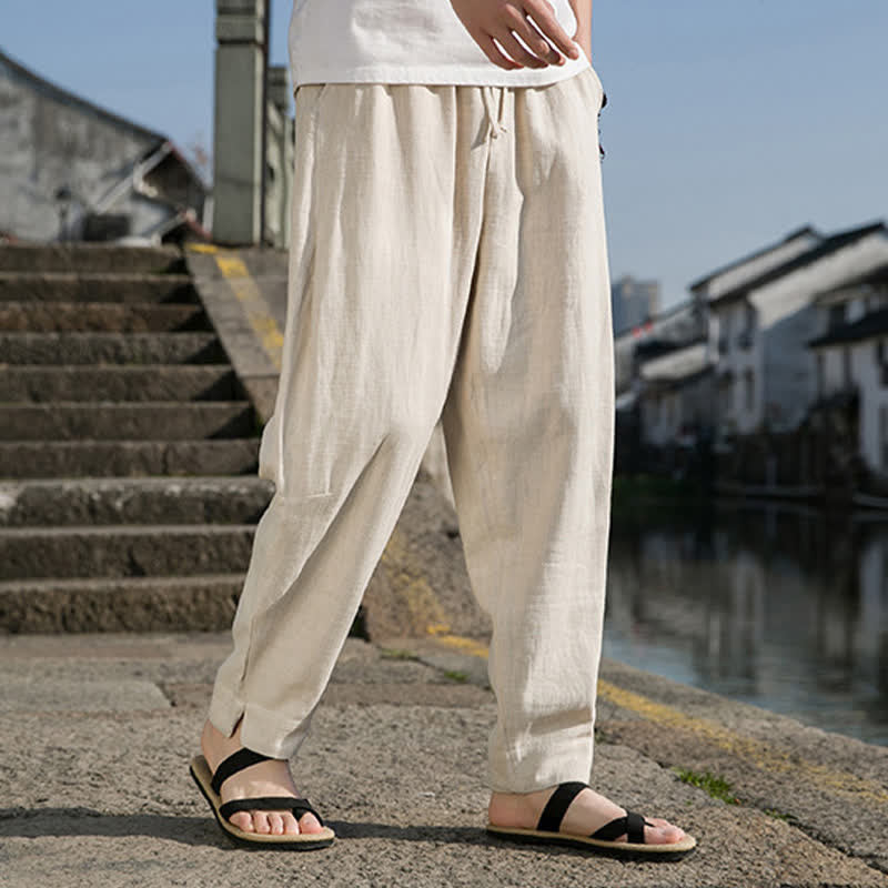 Buddha Stones Lässige, minimalistische Haremshose aus einfarbigem Ramie mit Kordelzug für Frühling und Sommer mit Tasche - image 1