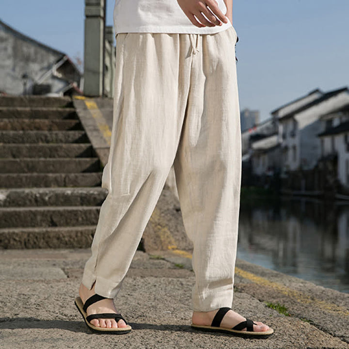 Buddha Stones Lässige, minimalistische Haremshose aus einfarbigem Ramie mit Kordelzug für Frühling und Sommer mit Tasche - image 1