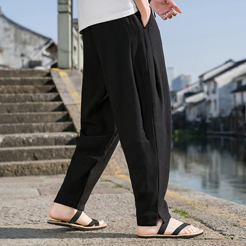 Buddha Stones Lässige, minimalistische Haremshose aus einfarbigem Ramie mit Kordelzug für Frühling und Sommer mit Tasche - image 11
