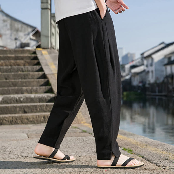 Buddha Stones Lässige, minimalistische Haremshose aus einfarbigem Ramie mit Kordelzug für Frühling und Sommer mit Tasche - image 11