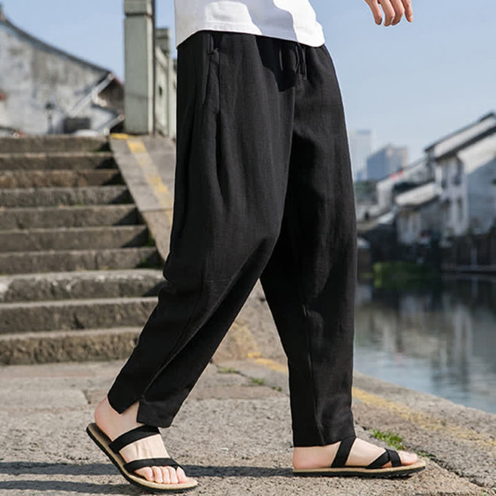 Buddha Stones Lässige, minimalistische Haremshose aus einfarbigem Ramie mit Kordelzug für Frühling und Sommer mit Tasche - Schwarz - US/ UK/AU44, EU54 (4XL) - image 7