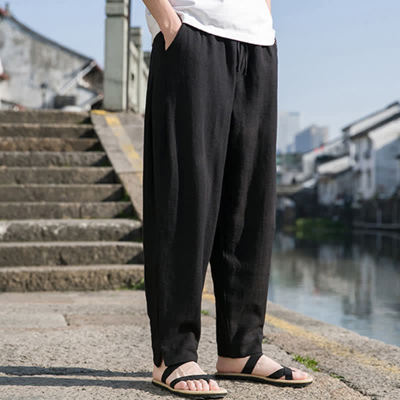 Buddha Stones Lässige, minimalistische Haremshose aus einfarbigem Ramie mit Kordelzug für Frühling und Sommer mit Tasche - image 8