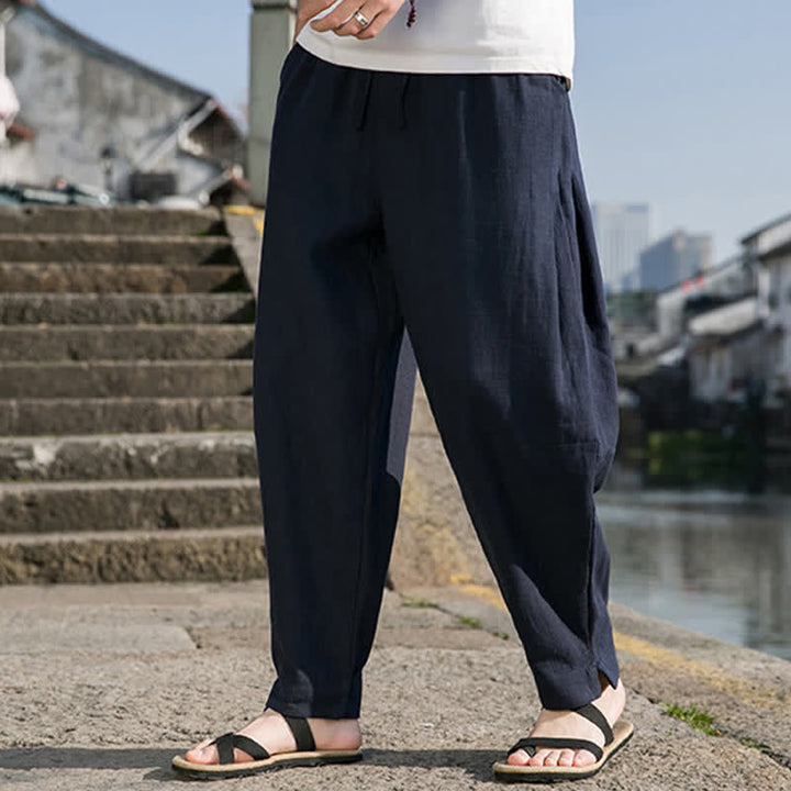 Buddha Stones Lässige, minimalistische Haremshose aus einfarbigem Ramie mit Kordelzug für Frühling und Sommer mit Tasche - image 15
