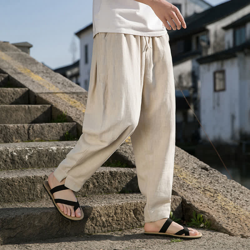 Buddha Stones Lässige, minimalistische Haremshose aus einfarbigem Ramie mit Kordelzug für Frühling und Sommer mit Tasche - Antikweiß - US/ UK/AU44, EU54 (4XL) - image 0