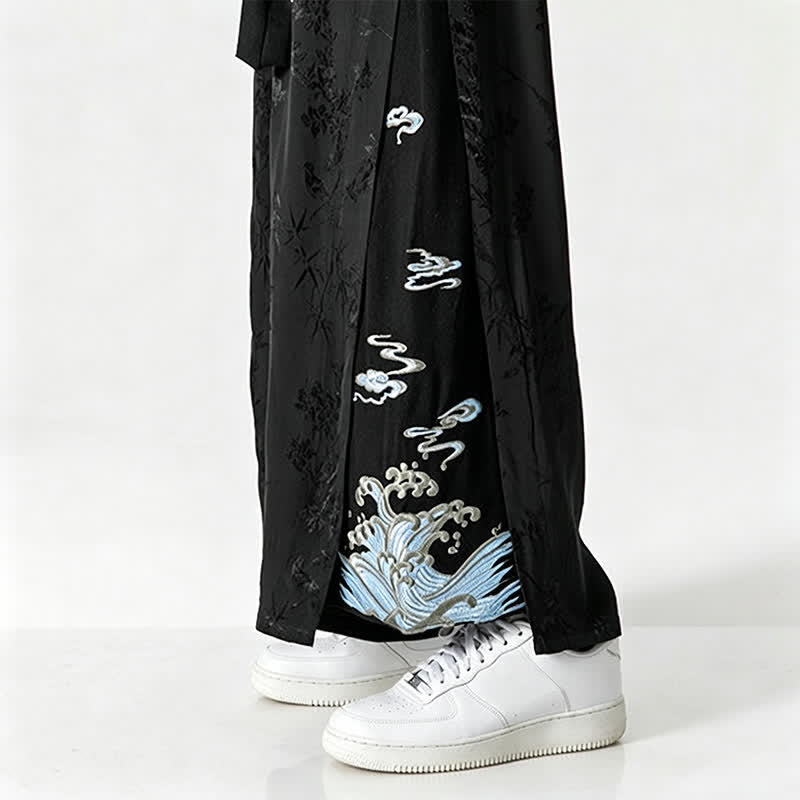 Buddha Stones Frühling/Sommer Tang Style Herrenhose mit Kordelzug, abstrakter Stickerei, kurzem Schnitt, weitem Bein und Tasche - image 11