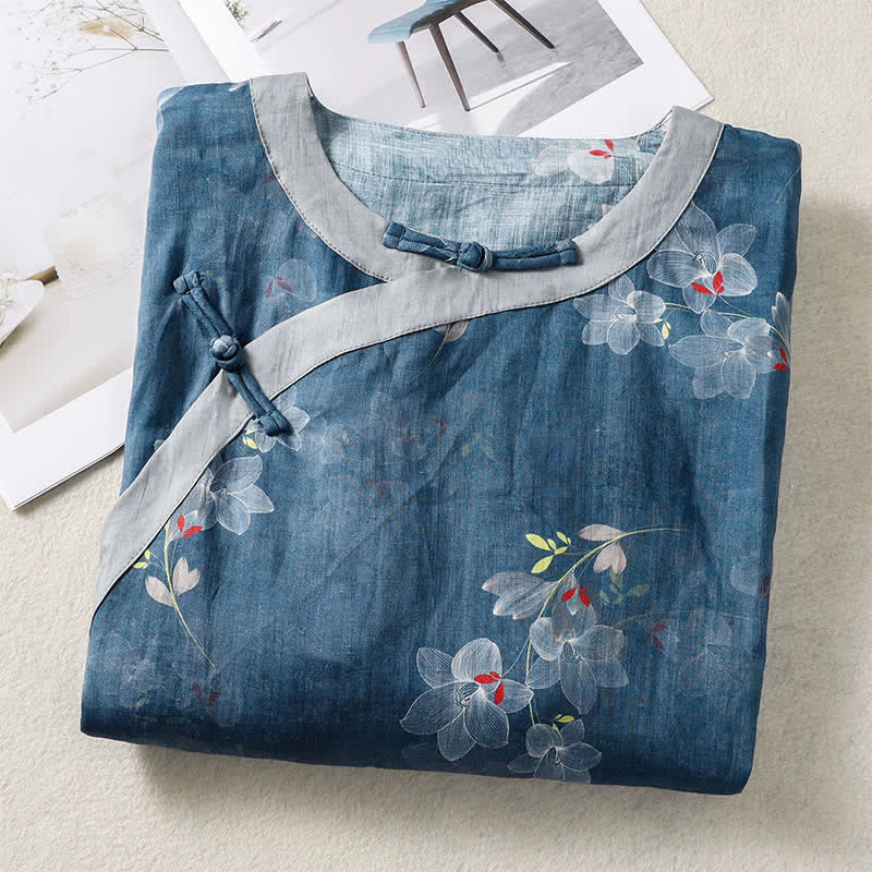 Buddha Stones Frühling/Sommer-Bluse im Tang-Stil mit Vintage-Froschknopf, floralem Muster, aus Baumwoll-Leinen, Damen, Ellbogenlänge - image 2