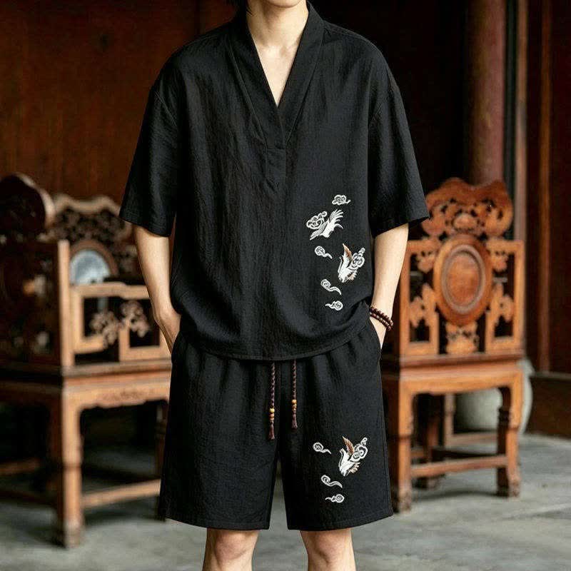 Buddha Stones 2-teiliges Sommer-Meditations-Set im Tang-Stil mit Kranichstickerei, Kurzarmhemd und Shorts, Herren-Meditationskleidung mit Taschen - Schwarzes Hemd + Schwarze Shorts - US/UK/AU46, EU56 (5XL) - image 0