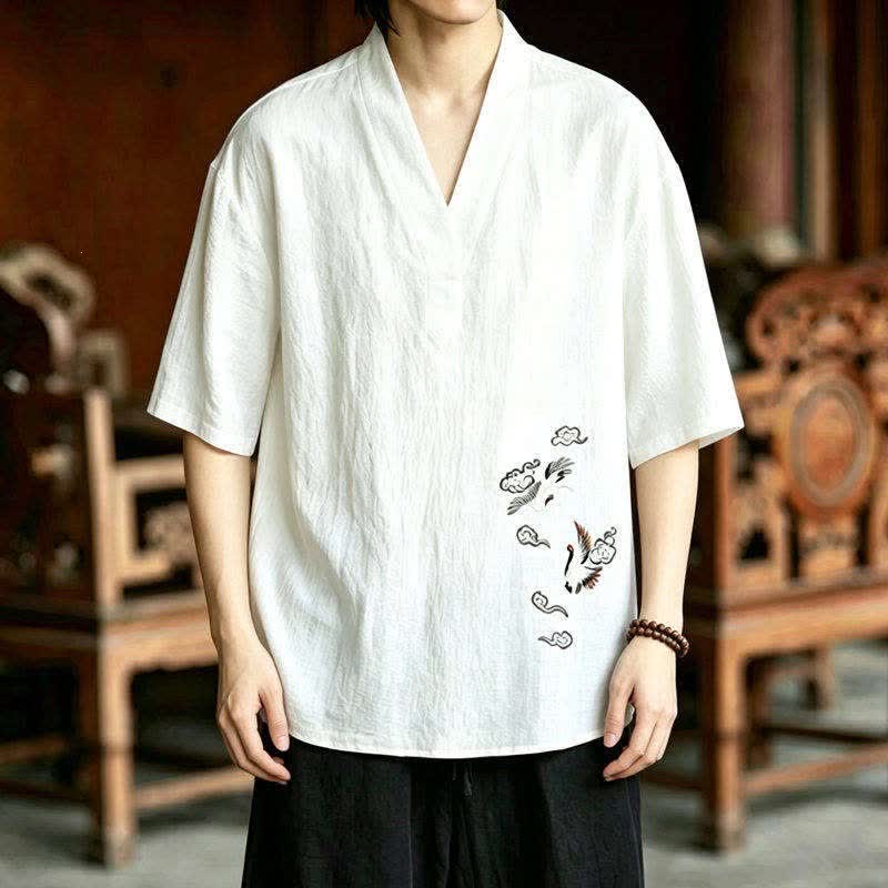 Buddha Stones 2-teiliges Sommer-Meditations-Set im Tang-Stil mit Kranichstickerei, Kurzarmhemd und Shorts, Herren-Meditationskleidung mit Taschen - image 6