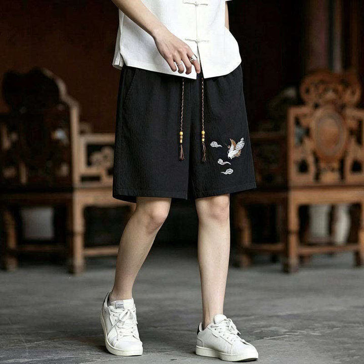 Buddha Stones 2-teiliges Sommer-Meditations-Set im Tang-Stil mit Kranichstickerei, Kurzarmhemd und Shorts, Herren-Meditationskleidung mit Taschen - image 2