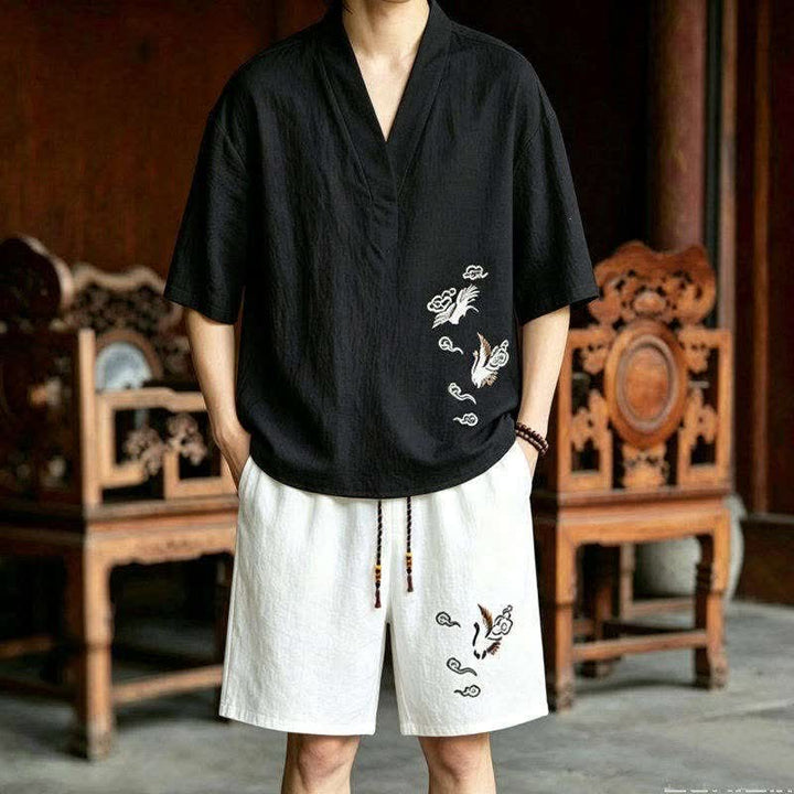 Buddha Stones 2-teiliges Sommer-Meditations-Set im Tang-Stil mit Kranichstickerei, Kurzarmhemd und Shorts, Herren-Meditationskleidung mit Taschen - Schwarzes Hemd + weiße Shorts - US/UK/AU46, EU56 (5XL) - image 4