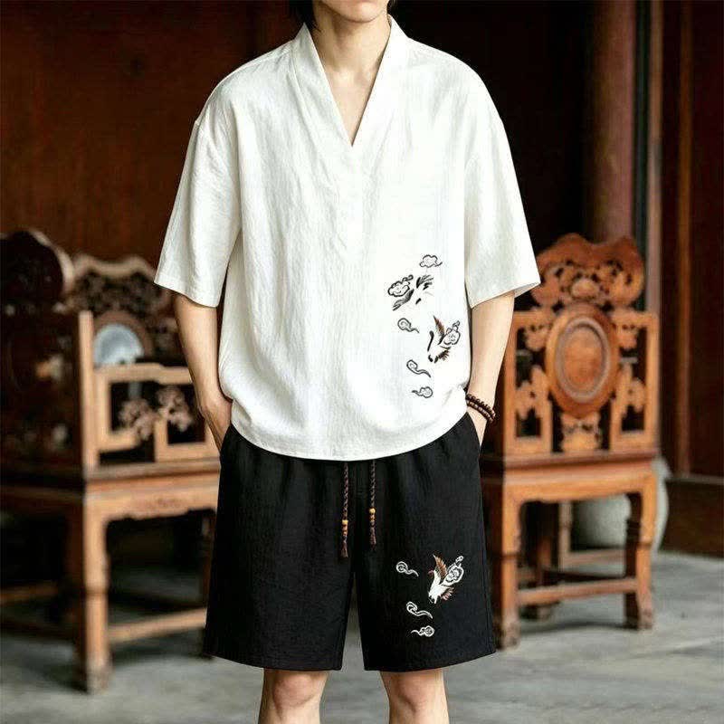Buddha Stones 2-teiliges Sommer-Meditations-Set im Tang-Stil mit Kranichstickerei, Kurzarmhemd und Shorts, Herren-Meditationskleidung mit Taschen - Weißes Hemd + Schwarze Shorts - US/UK/AU46, EU56 (5XL) - image 5