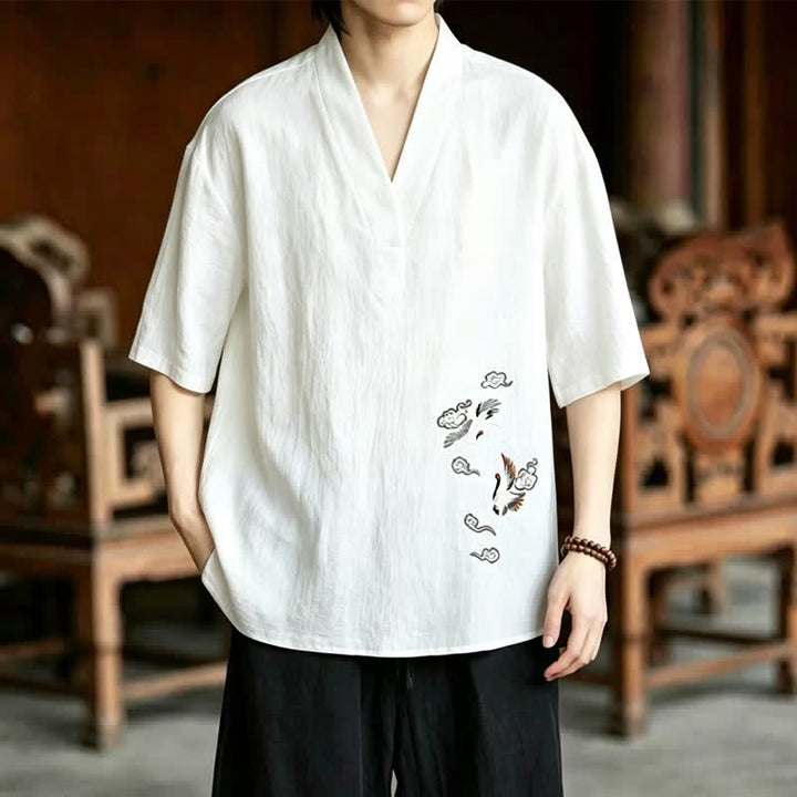 Buddha Stones 2-teiliges Sommer-Meditations-Set im Tang-Stil mit Kranichstickerei, Kurzarmhemd und Shorts, Herren-Meditationskleidung mit Taschen - image 8