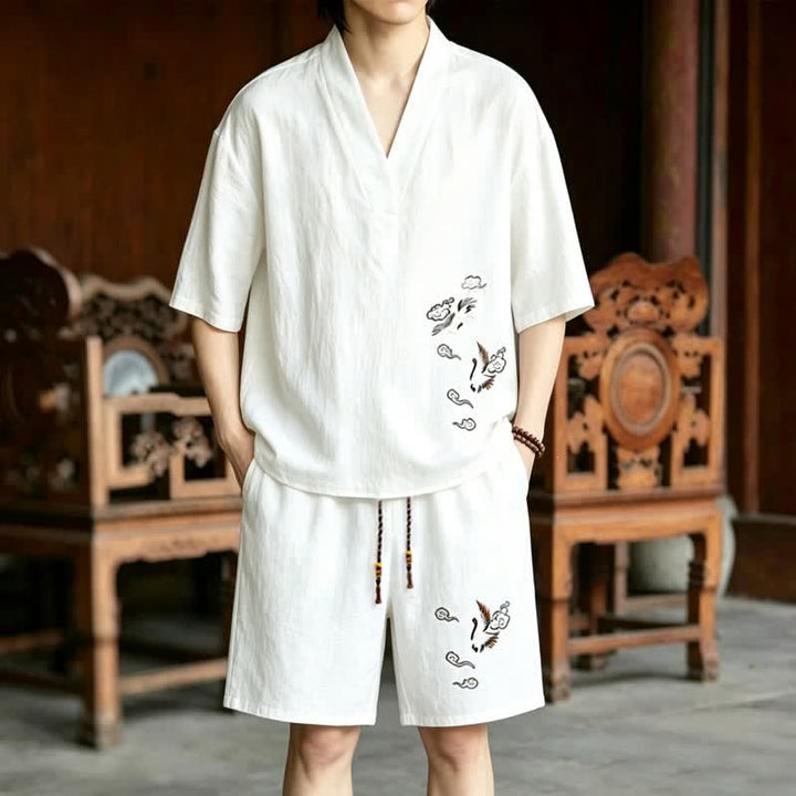 Buddha Stones 2-teiliges Sommer-Meditations-Set im Tang-Stil mit Kranichstickerei, Kurzarmhemd und Shorts, Herren-Meditationskleidung mit Taschen - Weißes Hemd + weiße Shorts - US/UK/AU46, EU56 (5XL) - image 9