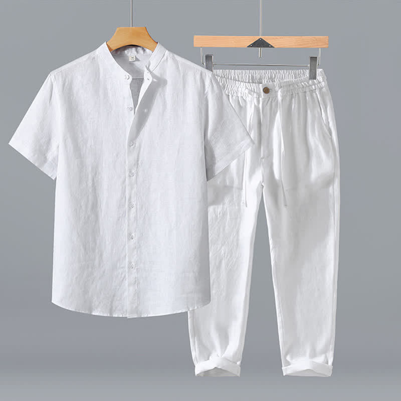 Buddha Stones 2-teiliges Sommer-Meditationsset im Tang-Stil: Hemd und Hose aus einfarbigem Leinen mit Stehkragen und Knopfleiste, Kurzarm, mit Tasche. - Weißes Hemd + Hose - US/ UK/AU42, EU52 (3XL) - image 19
