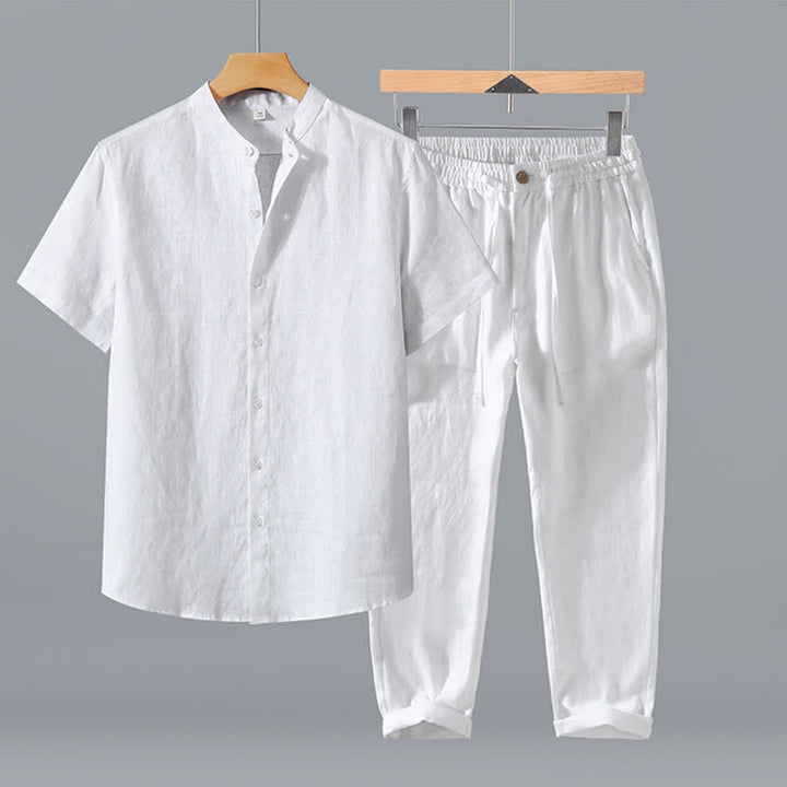 Buddha Stones 2-teiliges Sommer-Meditationsset im Tang-Stil: Hemd und Hose aus einfarbigem Leinen mit Stehkragen und Knopfleiste, Kurzarm, mit Tasche. - Weißes Hemd + Hose - US/ UK/AU42, EU52 (3XL) - image 19