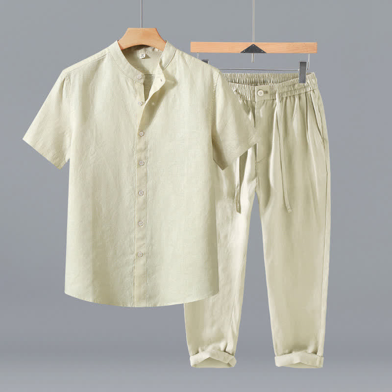Buddha Stones 2-teiliges Sommer-Meditationsset im Tang-Stil: Hemd und Hose aus einfarbigem Leinen mit Stehkragen und Knopfleiste, Kurzarm, mit Tasche. - Beiges Hemd + Hose - US/ UK/AU42, EU52 (3XL) - image 10