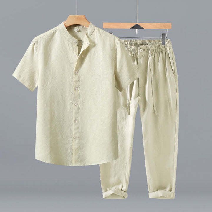 Buddha Stones 2-teiliges Sommer-Meditationsset im Tang-Stil: Hemd und Hose aus einfarbigem Leinen mit Stehkragen und Knopfleiste, Kurzarm, mit Tasche. - Beiges Hemd + Hose - US/ UK/AU42, EU52 (3XL) - image 10