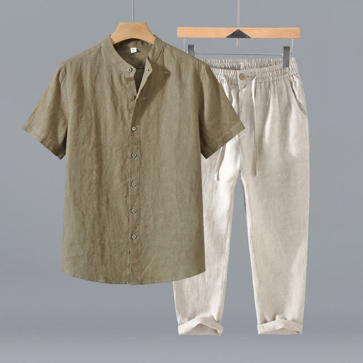 Buddha Stones 2-teiliges Sommer-Meditationsset im Tang-Stil: Hemd und Hose aus einfarbigem Leinen mit Stehkragen und Knopfleiste, Kurzarm, mit Tasche. - Dunkelkhakifarbenes Hemd + beigefarbene Hose - US/ UK/AU42, EU52 (3XL) - image 2