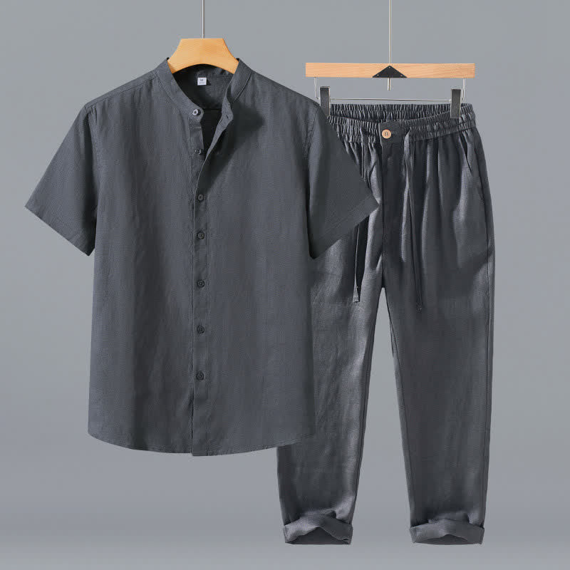 Buddha Stones 2-teiliges Sommer-Meditationsset im Tang-Stil: Hemd und Hose aus einfarbigem Leinen mit Stehkragen und Knopfleiste, Kurzarm, mit Tasche. - Graues Hemd + Hose - US/ UK/AU42, EU52 (3XL) - image 0