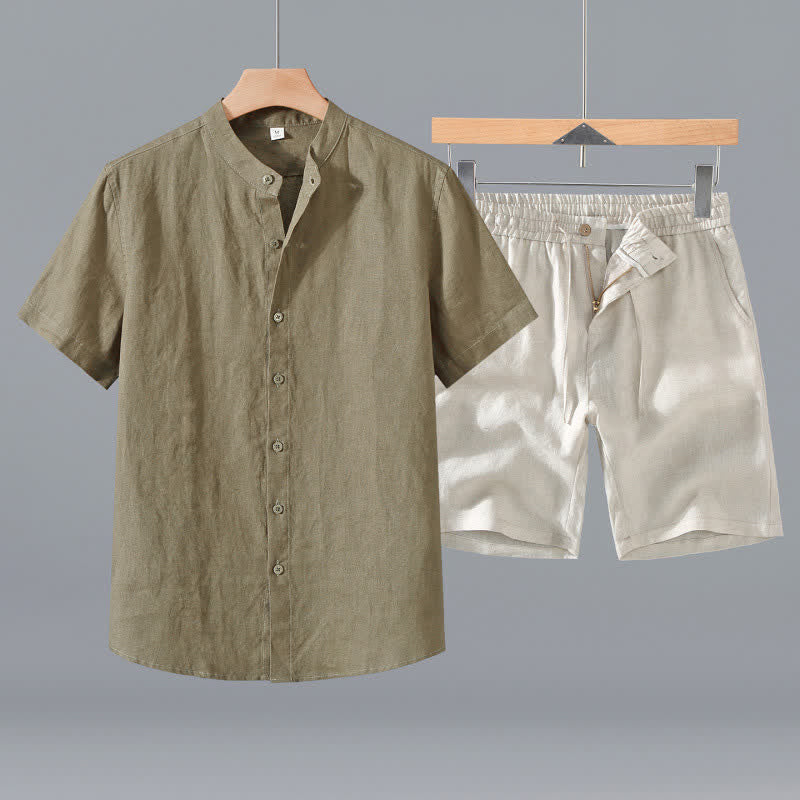 Buddha Stones 2-teiliges Sommer-Set: Hemd und Shorts aus Leinen mit Stehkragen, Knopfleiste und kurzen Ärmeln, ideal für Herren, mit Tasche. - Dunkelkhakifarbenes Hemd + beige Shorts - US/ UK/AU42, EU52 (3XL) - image 0