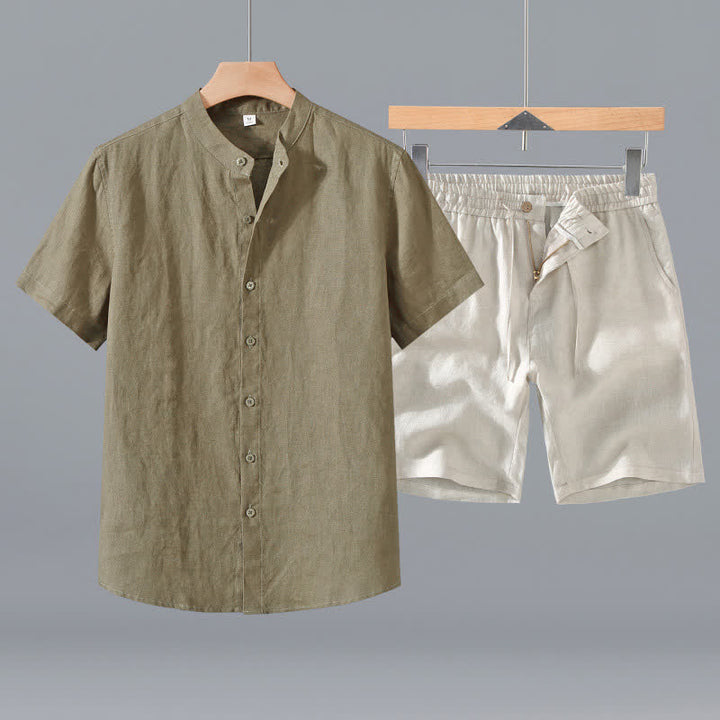 Buddha Stones 2-teiliges Sommer-Set: Hemd und Shorts aus Leinen mit Stehkragen, Knopfleiste und kurzen Ärmeln, ideal für Herren, mit Tasche. - Dunkelkhakifarbenes Hemd + beige Shorts - US/ UK/AU42, EU52 (3XL) - image 0