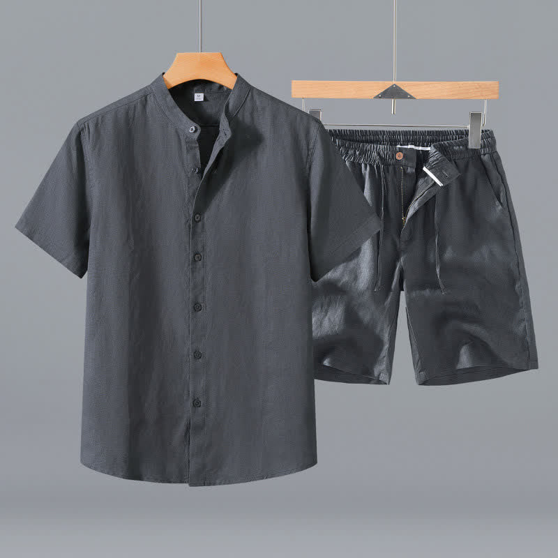 Buddha Stones 2-teiliges Sommer-Set: Hemd und Shorts aus Leinen mit Stehkragen, Knopfleiste und kurzen Ärmeln, ideal für Herren, mit Tasche. - Graues Hemd + Shorts - US/ UK/AU42, EU52 (3XL) - image 9
