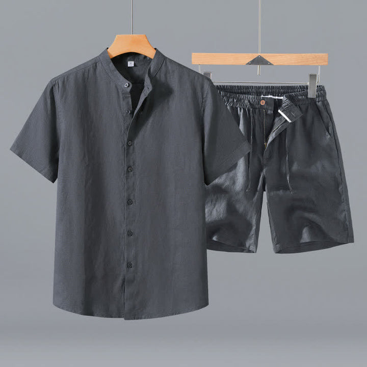 Buddha Stones 2-teiliges Sommer-Set: Hemd und Shorts aus Leinen mit Stehkragen, Knopfleiste und kurzen Ärmeln, ideal für Herren, mit Tasche. - Graues Hemd + Shorts - US/ UK/AU42, EU52 (3XL) - image 9