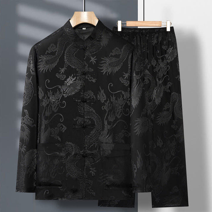 Buddha Stones 2-teiliger Tang-Anzug mit Drachen- und Frosch-Knopfleiste, langärmeliges Hemd und Hose, Bekleidungsset für Herren - Schwarz - US/ UK/AU42, EU52 (3XL) - image 19