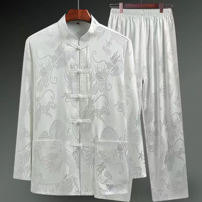 Buddha Stones 2-teiliger Tang-Anzug mit Drachen- und Frosch-Knopfleiste, langärmeliges Hemd und Hose, Bekleidungsset für Herren - Weiß - US/UK/AU42, EU52 (3XL) - image 16