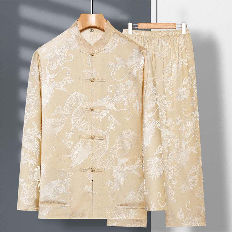 Buddha Stones 2-teiliger Tang-Anzug mit Drachen- und Frosch-Knopfleiste, langärmeliges Hemd und Hose, Bekleidungsset für Herren - Khaki - US/ UK/AU42, EU52 (3XL) - image 2