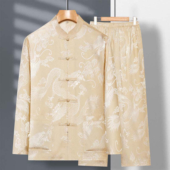 Buddha Stones 2-teiliger Tang-Anzug mit Drachen- und Frosch-Knopfleiste, langärmeliges Hemd und Hose, Bekleidungsset für Herren - Khaki - US/ UK/AU42, EU52 (3XL) - image 2