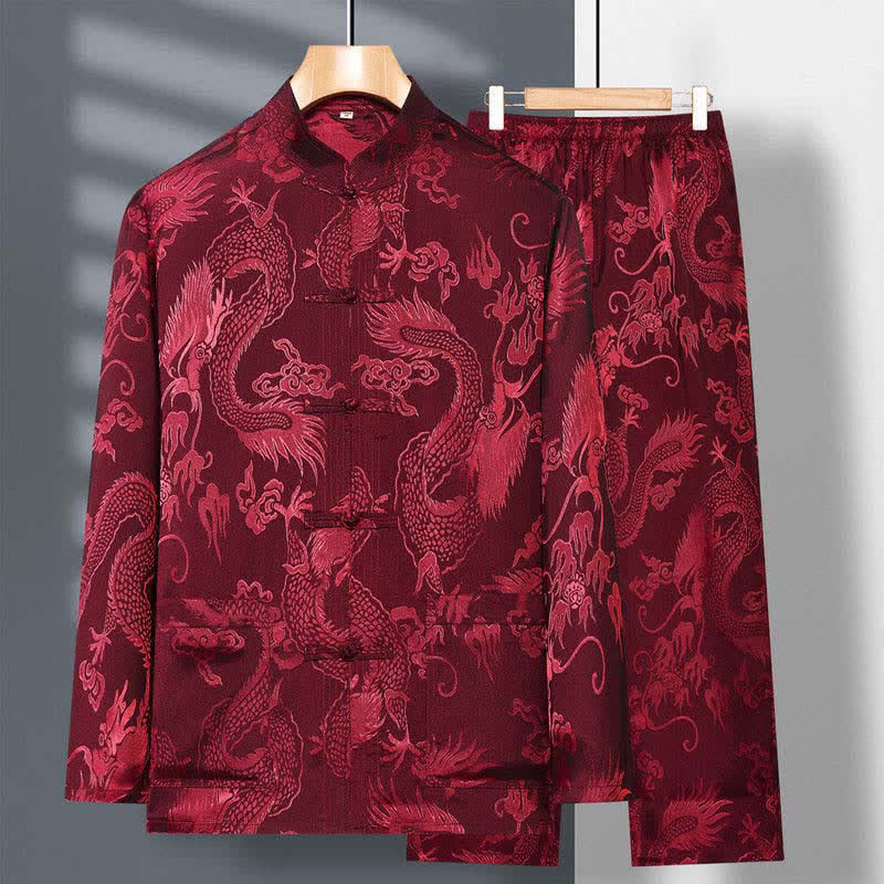 Buddha Stones 2-teiliger Tang-Anzug mit Drachen- und Frosch-Knopfleiste, langärmeliges Hemd und Hose, Bekleidungsset für Herren - Feuerfestziegel - US/UK/AU42, EU52 (3XL) - image 4